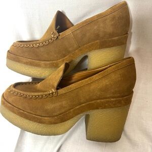 Marc Fisher Womens Tan Suede Lina Heeled Loafers Chunky Y2K Boho Academia Hippie